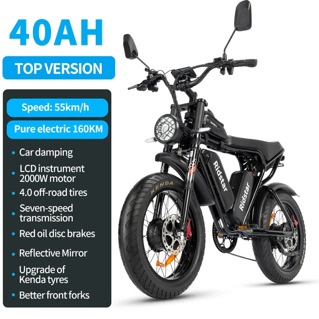 Electric bike RIDSTAR Q20PRO, 52V (2000W Dual Motor), 40AH Battery